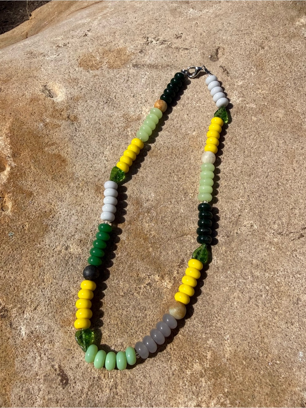 Handmade Multicolor Glass Bead Necklace - Yellow, Green & White